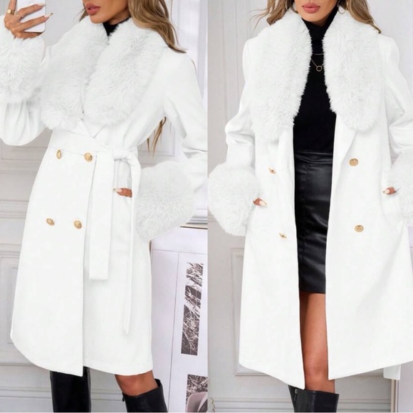 Classic Vegan Fur double breasted Knee Length Coat jacket - Picture 2 of 8